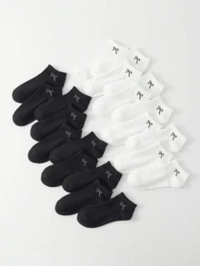 1/20 双女士随机黑白蝴蝶结装饰透气简约日常短袜圣诞礼物 - 黑與白 - 查看 2