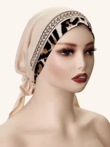 1pc Women's Elastic Knit Leopard Print Trim Splicing Soft Headband With Rhinestone Decor, Fashionable Headwear For Daily Wear, All Seasons