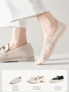 5双双层浅口隐形袜 薄款透气蕾丝船袜 防滑硅胶隐形棉袜 - 彩色 - 查看 3