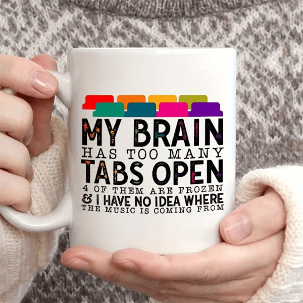 1 Piece 11oz Premium Ceramic Coffee Mug With Funny Campfire Design - "My Brain Has Too Many Tabs Opened" Quote, Great For Outdoor Camping, Picnics, Travel, Perfect Humor Gift For Friends, Family, Coworkers, Desk Decor, Valentine's Day Souvenir, Coffee Bar Accessories