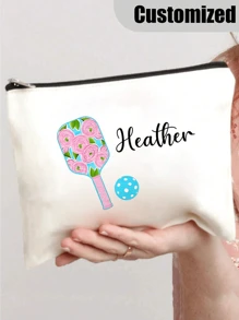 1 pièce Sac cosmétique personnalisé en polyester avec motif Pickleball - Nom personnalisable, sac de rangement portatif avec fermeture éclair, sac organisateur de maquillage de voyage, cadeau pour joueur de pickleball unisexe adulte, organisateur de voyage avec fermeture éclair, sac cosmétique léger avec fermeture éclair également parfait pour porte-monnaie, trousse à crayons, cadeau pour joueur de pickleball unisexe adulte, parfait pour le shopping, les sorties, les vacances, les voyages, les festivals, les fêtes ou en cadeau, cadeau idéal