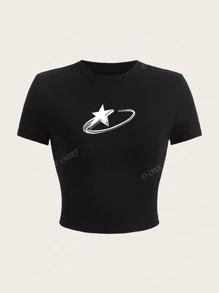Camiseta de verano casual y versátil para mujer con cuello redondo y manga corta, estampado de estrella pentagonal