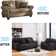 NetHong 1/2 Seater Velvet Slipcover Solid Colour Sofa Covers Stretch Couch Protector (One Free Pillowcase) - Black - View 9