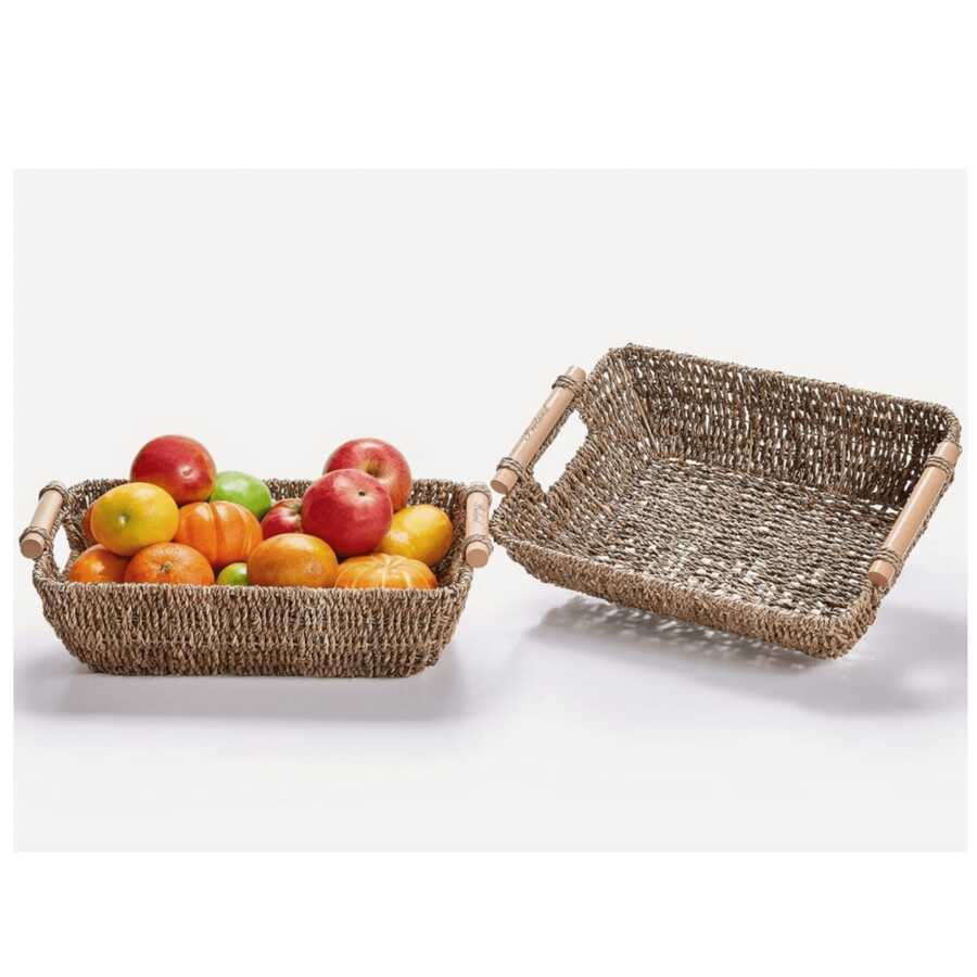 Storage Basket Hand-Woven Large Storage Baskets With Wooden Handles, Seagrass Wicker Baskets For Organizing, 2-Pack - Brown - View 1