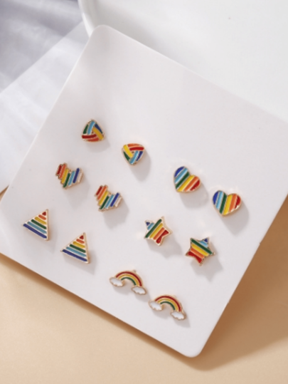 6 Paar Regenbogen gestreifte Herz, Erdbeere, Donut, Windmühle, Stern, Regenbogen Ohrstecker Set