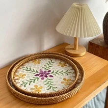 1pc Mother-Of-Pearl Inlaid Wooden Base Rattan Tray Hand-Woven Wicker Tray Coffee Table Tray For Storage And Placing Bread And Fruits