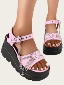 New Pink Summer Slope Heel Shoes For Woman Thick Bottom Women's Punk Fashion Sandals For Women Casual Slippers Comfortable Shoes Women's Gothic Style Cross Chain Detail Platform Sandals Summer Shoes - 粉色 - 查看 3