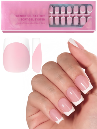150 piezas de uñas postizas cortas cuadradas, puntas de uñas francesas rosas de gel suave, para usar como uñas falsas en manualidades, estilo sencillo y versátil en 15 tallas adecuadas para mujeres