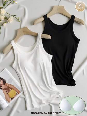 2 stuks effen, eenvoudige camisole tanktops voor dames, comfortabel met gewatteerde bh, sportvest