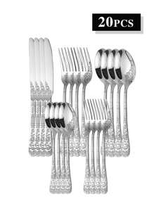 5/20/30pcs Stainless Steel Vintage Floral Engraved Tableware Set, Suitable For Home Kitchen, Restaurant, Hotel, Wedding, Party, Holiday,School Supplies