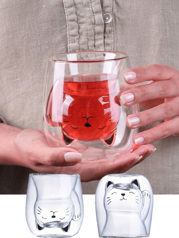 1 pieza Taza de café de vidrio de 200 ml con diseño lindo de gatito, taza de café expreso resistente al calor de doble pared de 200 ml, vaso aislante de agua, vajilla para verano e invierno, regalo de cumpleaños