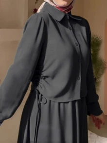 女士休闲纯色长袖抽绳腰衬衫和中长裙套装，端庄得体，黑色 - 黑色 - 查看 3