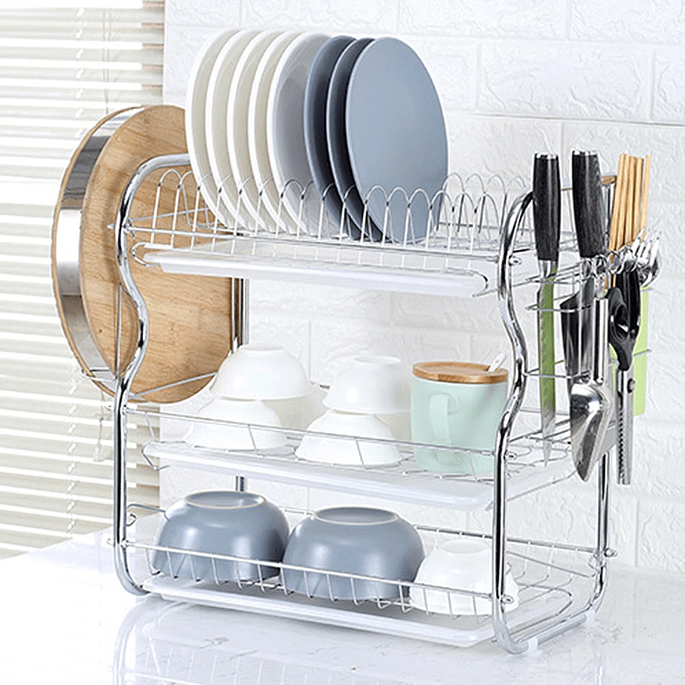 3 Tier Dish Drainer Rack With Drip Tray Kitchen Drying Rack Bowl Plate Holder - Silver - View 1