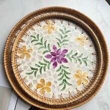 1pc Mother-Of-Pearl Inlaid Wooden Base Rattan Tray Hand-Woven Wicker Tray Coffee Table Tray For Storage And Placing Bread And Fruits