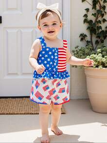 Baby Girls Outfits Sleeveless Star Stripe Print Cami Tops And Flag Print Shorts Sets - Multicolor - View 1