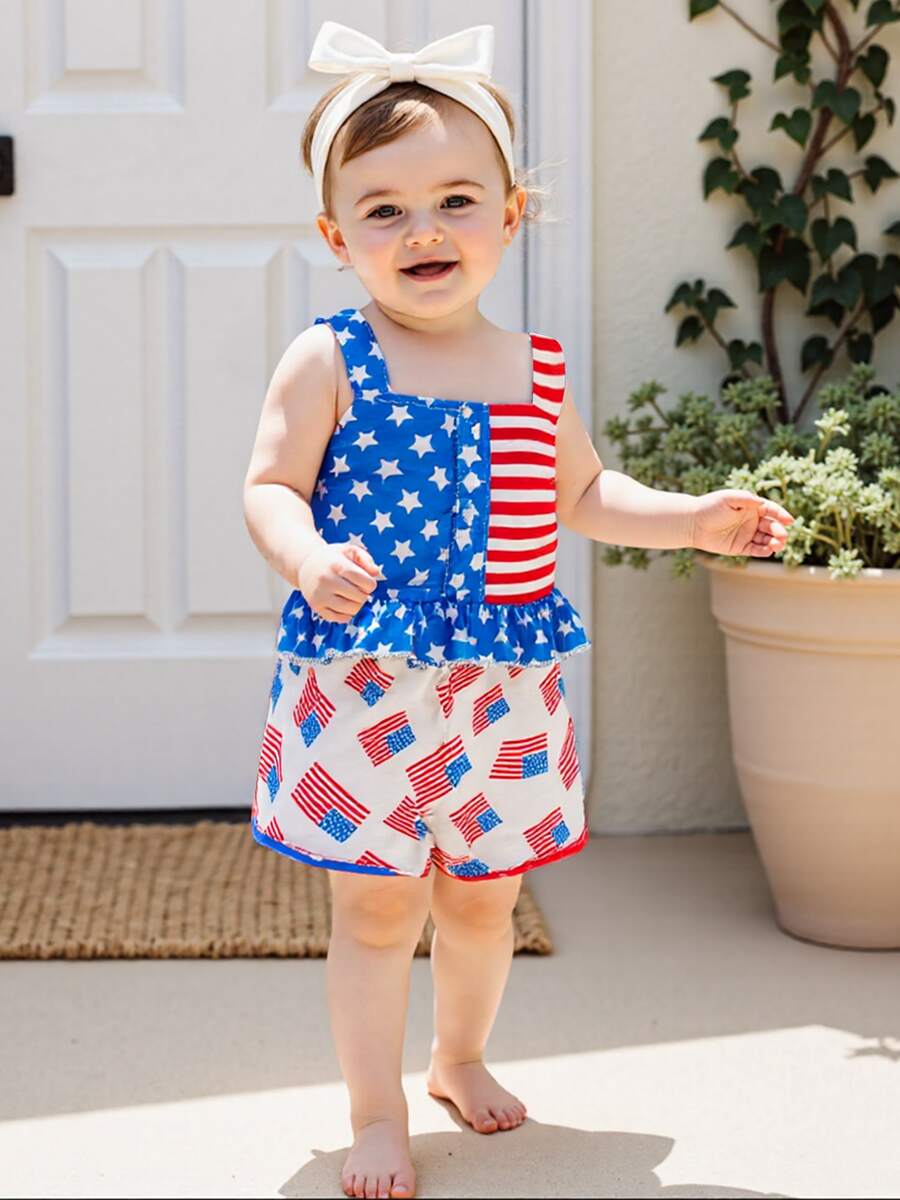 Baby Girls Outfits Sleeveless Star Stripe Print Cami Tops And Flag Print Shorts Sets - Multicolor - View 1