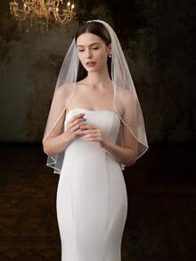 1pc Elegant Bride Single Layer Sparkling Crystal Beaded Wedding Veil, High-Quality Bridal Veil For Wedding Photography & Ceremonies, All Season Fall Clothes For Women Valentine's Day Accessories - White - View 2