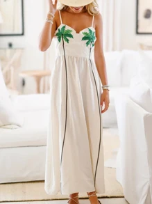 Women's Y2K Long Dress Coconut Tree Print Sleeveless Spaghetti Strap A-Line Summer Beach Dress
