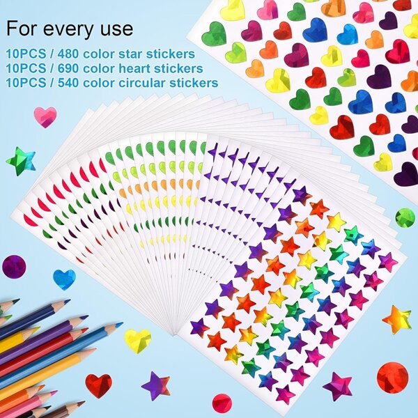 Set da 10 pezzi di adesivi olografici colorati a forma di cuore e stella per bambini, adesivi decorativi per tabella delle ricompense, adesivi olografici multicolore per confezioni regalo e decorazioni