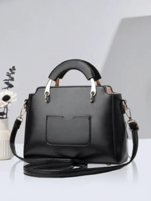 字母装饰手提包，配可爱猫咪零钱包，时尚迷你斜挎包，时尚女士单肩包 - 黑色 - 查看 5