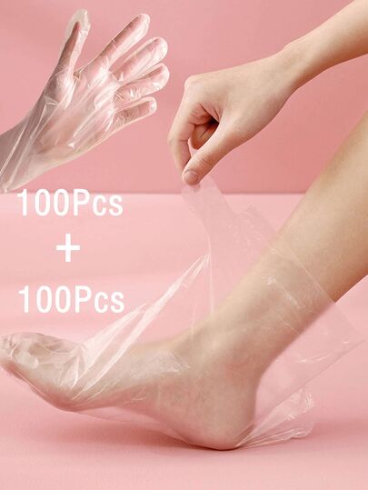 200 pièces/100 pièces Chaussettes/gants de soin des mains à usage unique, utilisés pour les soins, l'hydratation et l'exfoliation. Épaisseur, imperméabilité et protection contre la poussière, doux et confortable. Convient pour prévenir les pieds/mains secs, applicable pour les talons secs et fissurés. Outil de soin des pieds/mains et de pédicure, convient pour un usage quotidien. Outils de soin de la peau, masques à mains transparents en plastique, bains de pied, couvre-chaussures, couvre-pieds imperméables. Parfait comme cadeau pour la fête des mères