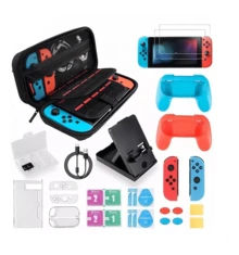 Kit de accesorios para el modelo NintendoSwitch, incluye funda de transporte,Caja de tarjetas de juego,Soporte,Protector de pantalla de vidrio templado,asas rojas y azules,Funda transparente para Joy-Con,Tapa protectora transparente contra arañazos,Carcasa transparente de los Joy-Con resistente a los arañazos,Cable de carga tipo C,protector de silicona para Joy-Con,tapa del pulgar,paño de limpieza de pantalla,Adhesivo para el polvo,Paquetes de alcohol(25 en 1) - Negro - Ver 1