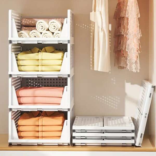 Lot 4 Organisateur Tiroir Plastique Boite Rangement Vêtement Pliable et Empilable Rangement Armoire pour Vêtement, Sous Vêtement, Pantalon, Blanc, S: 43 x 34 x 14 cm (L x l x H), L : 43 x 34 x 18 cm