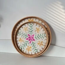 1pc Mother-Of-Pearl Inlaid Wooden Base Rattan Tray Hand-Woven Wicker Tray Coffee Table Tray For Storage And Placing Bread And Fruits