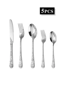 5/20/30pcs Stainless Steel Vintage Floral Engraved Tableware Set, Suitable For Home Kitchen, Restaurant, Hotel, Wedding, Party, Holiday,School Supplies