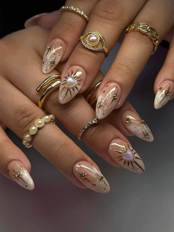 24 piezas de uñas postizas con efecto degradado con diseño clásico de corazón 3D y asterismo dorado con rhinestones, uñas postizas de almendra media para uso diario de mujeres y niñas
