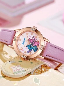 Sanrio Montre en acier de haute qualité avec diamants, motif Stitch de Disney, pour dame/fille. Montre-bracelet à quartz pour filles