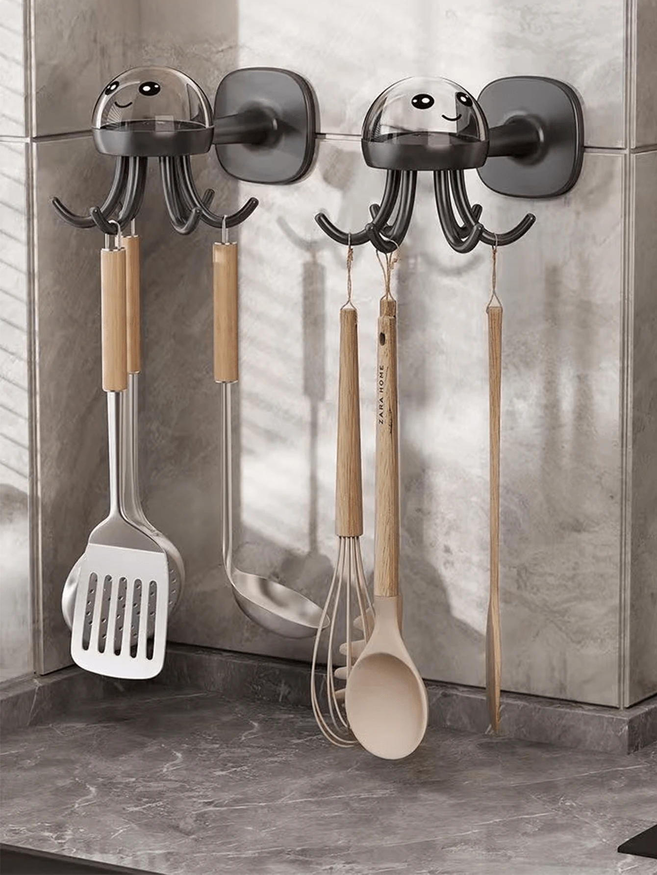 Cute Octopus Kitchen Rotatable Wall Mount Storage Hook, Adhesive Pothook Rack No Drilling Multiple Function - Grey - View 1