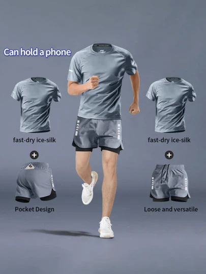Bộ đồ thể thao khô nhanh cho nam - Áo phông tay ngắn in họa tiết thấm hút mồ hôi thoáng khí, quần short có túi và dây rút, họa tiết sọc, thích hợp để chạy bộ, đạp xe và tập thể dục, mọi mùa