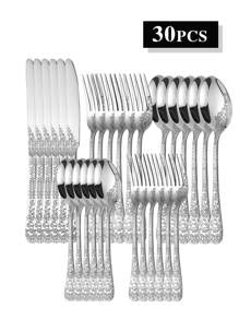 5/20/30pcs Stainless Steel Vintage Floral Engraved Tableware Set, Suitable For Home Kitchen, Restaurant, Hotel, Wedding, Party, Holiday,School Supplies