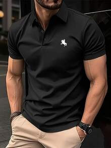 Men's Casual Polo Shirt, Knight Embroidery Design, Minimalist Fashion For Everyday - Black - View 2