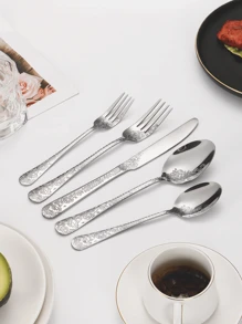 5/20/30pcs Stainless Steel Vintage Floral Engraved Tableware Set, Suitable For Home Kitchen, Restaurant, Hotel, Wedding, Party, Holiday,School Supplies