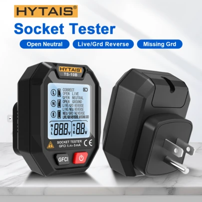 HYTAIS 1 件 TS-10B 插座测试仪，带 GFCI 测试按钮，需要 AAA 电池，110-130V 工作电压，美国插头，插座检测器，检查带电中性线接地线连接