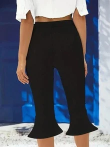 Women's Casual Stretch Capri Flared Pants, Solid Color Knit Polyester, Elastic Waist With Flared Hem, Suitable For Spring And Summer, All Season Base Layer Flared Pants - Black - View 3