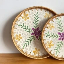 1pc Mother-Of-Pearl Inlaid Wooden Base Rattan Tray Hand-Woven Wicker Tray Coffee Table Tray For Storage And Placing Bread And Fruits