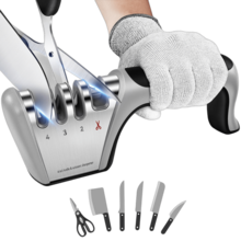 4-In-1 Knife Sharpener [4 Stage] With A Pair Of Cut-Resistant Glove, Original Premium Polish Blades, Best Kitchen Knife Sharpener Really Works For Fruit Knife And Steel Knives, Scissors - 淺灰色 - 查看 1