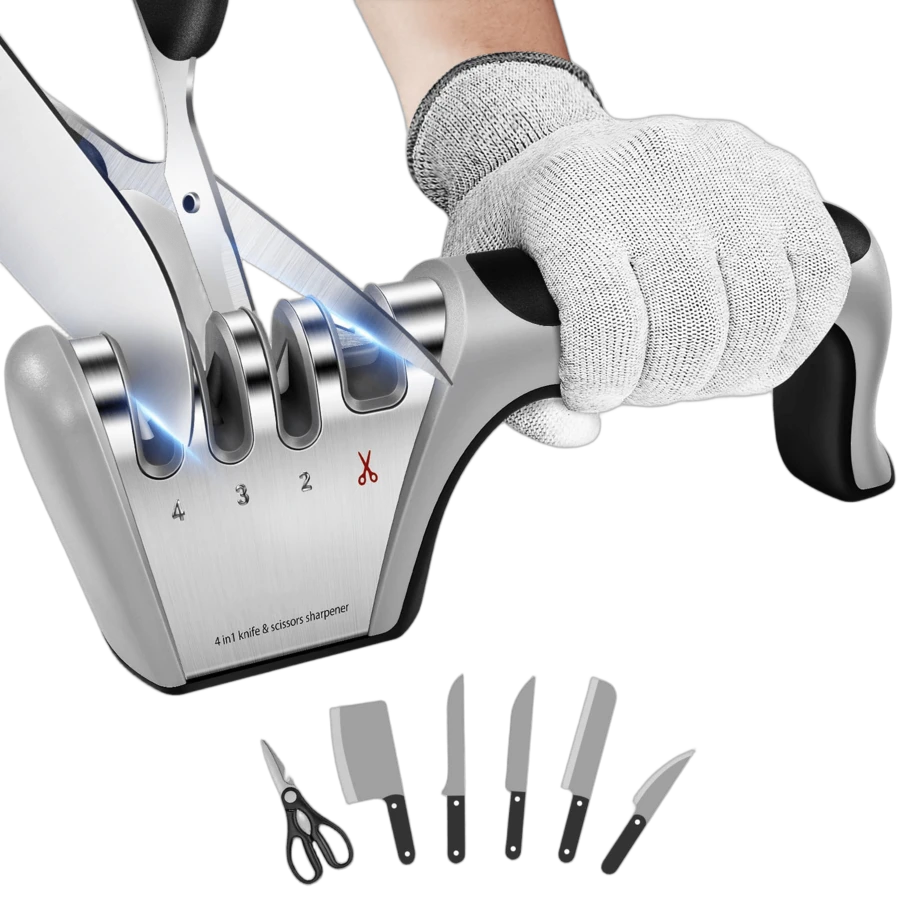 4-In-1 Knife Sharpener [4 Stage] With A Pair Of Cut-Resistant Glove, Original Premium Polish Blades, Best Kitchen Knife Sharpener Really Works For Fruit Knife And Steel Knives, Scissors - 淺灰色 - 查看 1