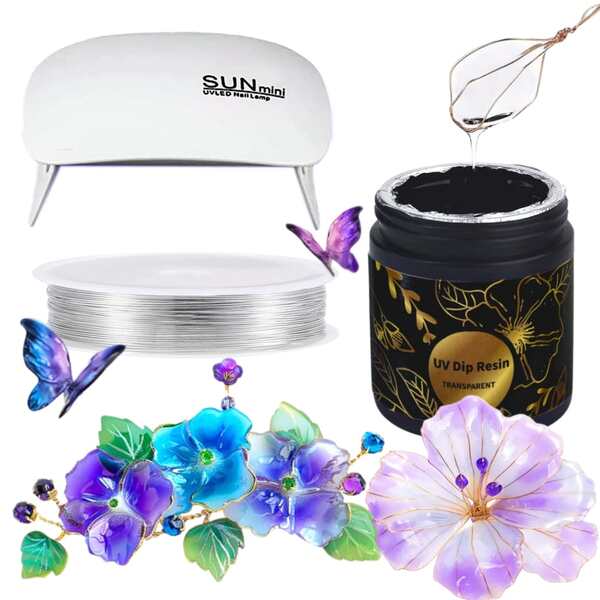 UV Dip Resin For Wire Flower, DIY Wire Art Low Odor Handmade Set, Transparent UV Dip Resin-50m-L100ml, 4mm(0.15inches) Copper Wire Roll 8m