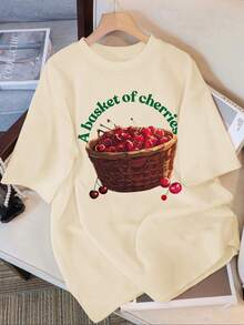Women's Loose Fit Fashion Cherry Motif T-Shirt, Simple Daily Casual - Apricot - View 1