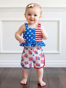 Baby Girls Outfits Sleeveless Star Stripe Print Cami Tops And Flag Print Shorts Sets - Multicolor - View 5