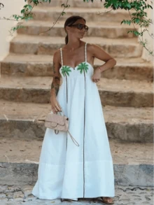 Women's Y2K Long Dress Coconut Tree Print Sleeveless Spaghetti Strap A-Line Summer Beach Dress