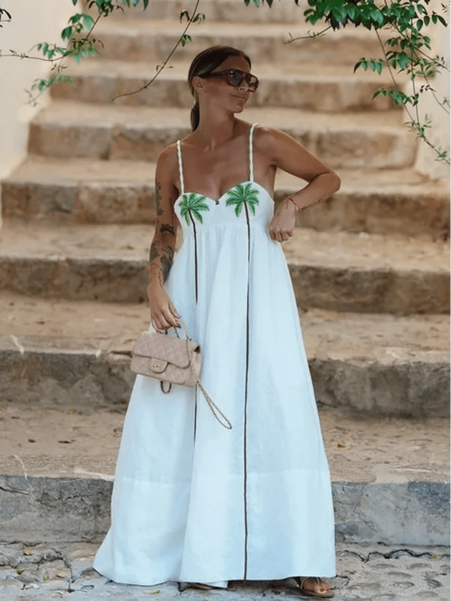 Women's Y2K Long Dress Coconut Tree Print Sleeveless Spaghetti Strap A-Line Summer Beach Dress