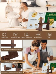 Atril de cocina rústico de madera - Organizador de mostrador de cocina estilo granja para libros de recetas y tabletas | Soporte multifuncional para iPad, teléfonos y libros (Madera sólida, decoración marrón) - Multicolor - Ver 3