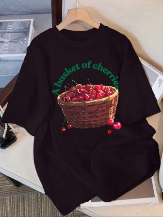 女士宽松时尚樱桃简约图案T恤，简约日常休闲