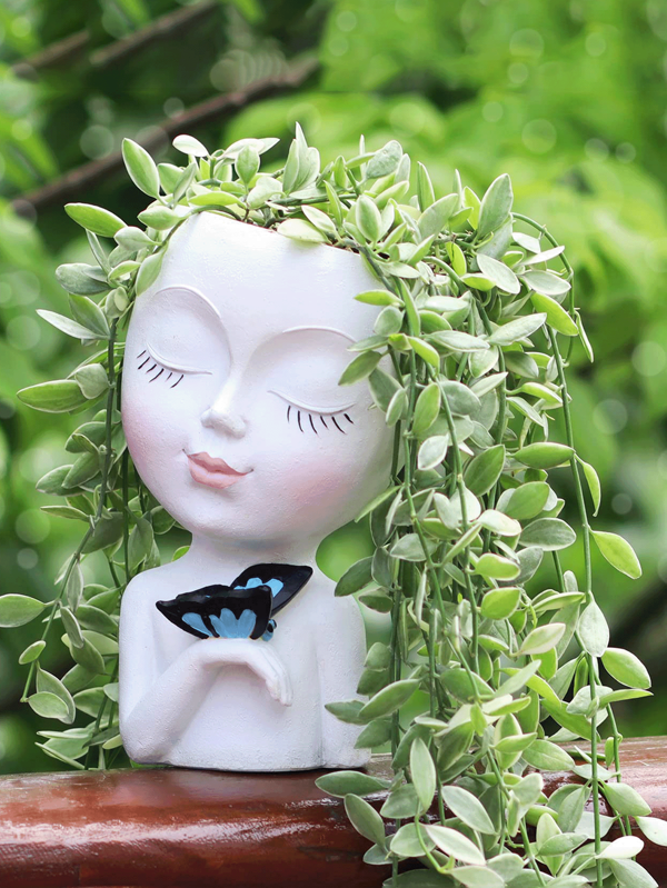 Maceta de flores con forma de rostro de mujer, maceta de resina para plantas suculentas con orificio de drenaje, maceta de flores con cara linda