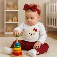 Sempre Bebê Baby Girl Clothing Set Long Sleeve Bodysuit With Pants And Headband Blogueirinha Diva Leopard Kitten Bow Outfit Winter Cold Weather Set Red Polka Dot Teddy Bear - 紅白色 - 查看 2